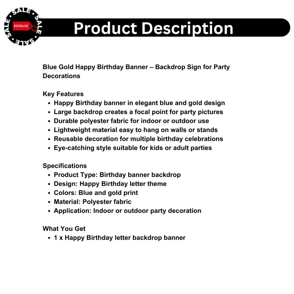 Blue Gold Happy‎ Birthday Banner – Backdrop Sign for Party Decorations